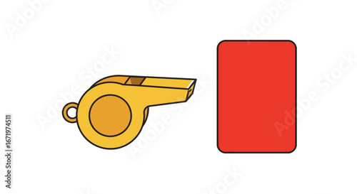 Yellow referee whistle and red penalty card, a flat vector illustration for sports.