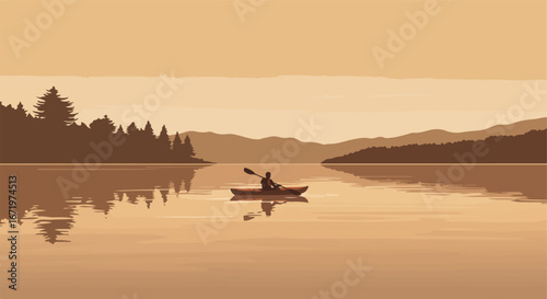 Kayaker Paddling on a Calm Lake Surrounded by Mountains and Forest