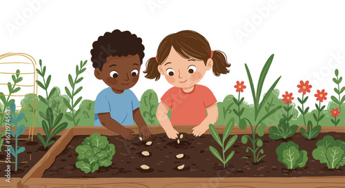 Two Children Planting Seeds in a Garden Bed, Illustration Style