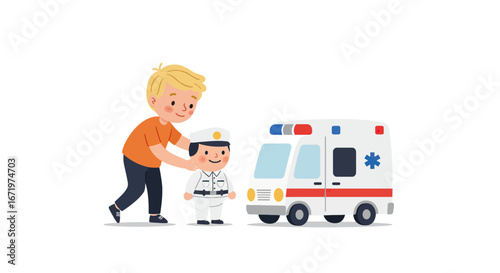 Smiling blond boy in an orange shirt playing with a paramedic doll and a toy ambulance car.