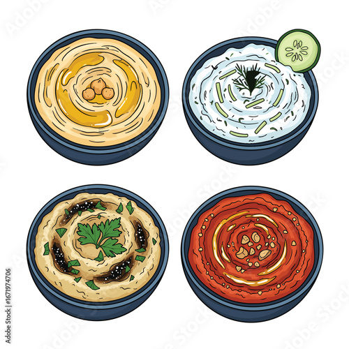 A colorful handdrawn illustration of four traditional Middle Eastern dips in bowls.