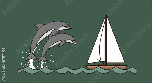 Dolphins Jumping Near Sailboat in Ocean