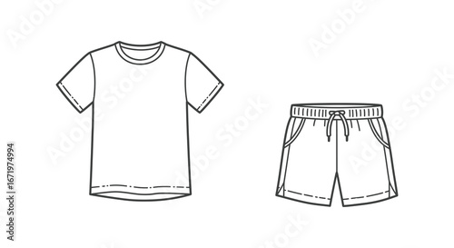 A drawing of a t shirt and shorts on a white background