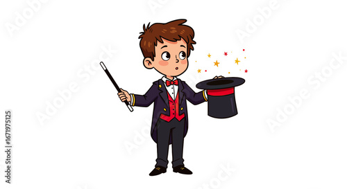 Charming cartoon magician boy in a tailcoat holding a wand and a hat with stars.