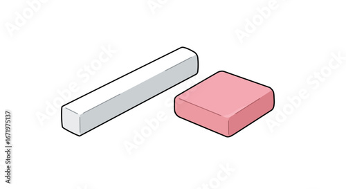 A simple cartoon illustration of a white chalk stick and a pink rectangular eraser with bold outlines.