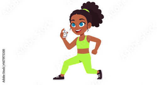 Smiling cartoon girl in neon green activewear holding a stopwatch, ready for exercise.