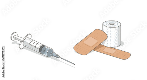 Medical syringe, brown adhesive bandages, and white tape roll, isometric illustration