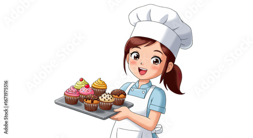 Cheerful Cartoon Baker Girl Holding Tray of Delicious Cupcakes