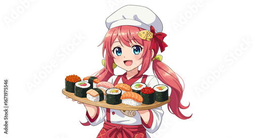 Cheerful anime chef girl with pink pigtails and a fish charm, happily presenting a tray of various sushi.
