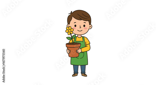 Cute cartoon boy in a green apron holding a potted yellow flower with a gentle smile.