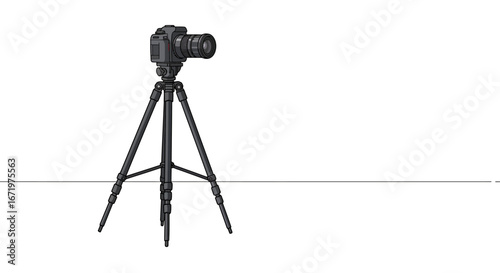 Illustrated professional black digital camera with lens mounted on a stable, adjustable tripod stand.
