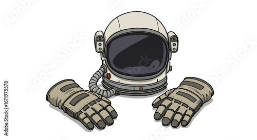 Detailed Illustration of Astronaut Helmet and Gloves, Isolated on White