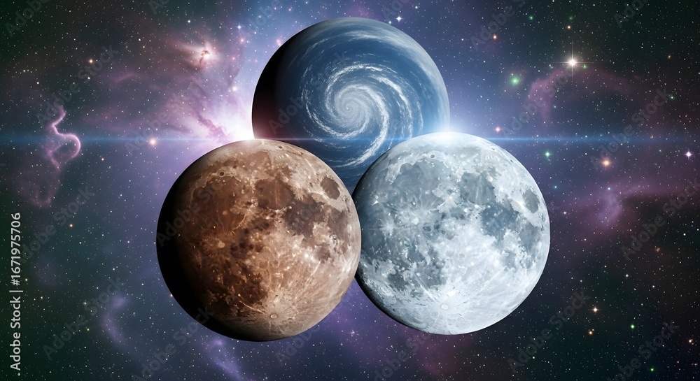 Fototapeta premium Three planets in space with a nebula background, creating a surreal and fantastical scene