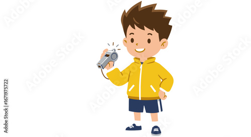 Cheerful young boy in yellow jacket holding a silver whistle