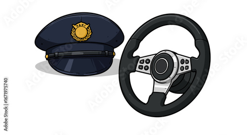 Cartoon Taxi Driver's Hat and Steering Wheel Illustration on White