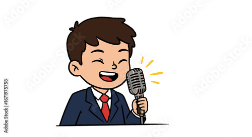 Cheerful young boy in suit speaking into vintage microphone with enthusiasm