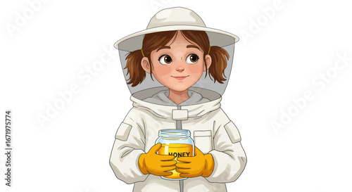 Young Beekeeper Girl Holding Jar of Golden Honey in Protective Suit