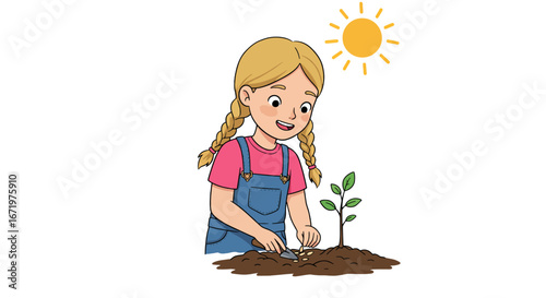 Young girl with blonde braided pigtails planting seeds in soil