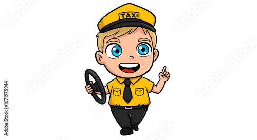 Cartoon Taxi Driver with Steering Wheel, Pointing Upwards, Smiling.