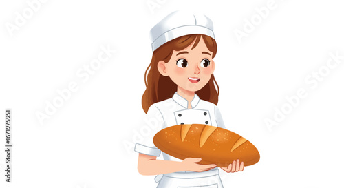 Smiling female baker with brown hair in a white chef uniform holding a loaf of bread.