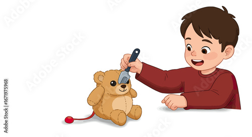 Happy young boy in a red sweater playing doctor with his brown teddy bear toy.