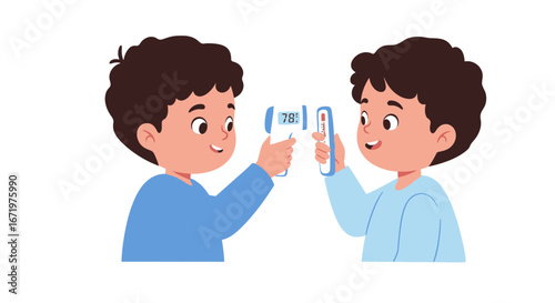 Cute cartoon boys in blue shirts playfully checking temperature with digital thermometers.