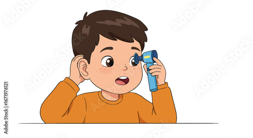 Young boy with brown hair examining his eye with a blue otoscope