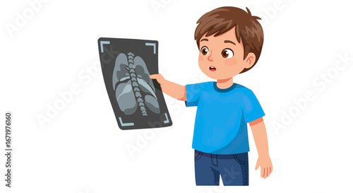 Young boy curiously examining a medical chest X-ray image