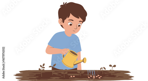 Cartoon Boy Watering Plants with Yellow Watering Can in Garden
