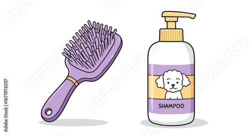 Cartoon pet grooming set with a purple hairbrush and dog shampoo bottle with a cute poodle label.