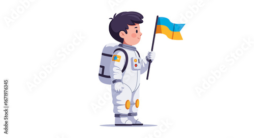 Cartoon boy astronaut in a white spacesuit proudly holding the Ukrainian flag.