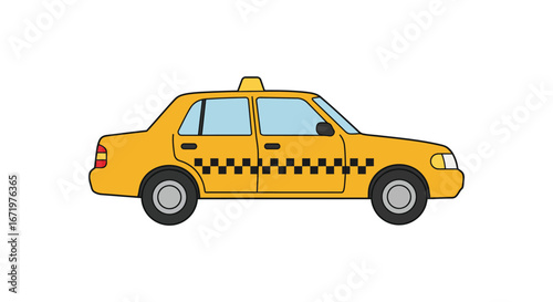 A yellow cartoon taxi cab with black checkered stripe