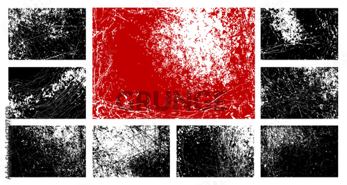 Set of vector grunge overlays with scratched distressed textures, shown in black and white with a red demo example for creative design, posters, street art, and urban style projects.