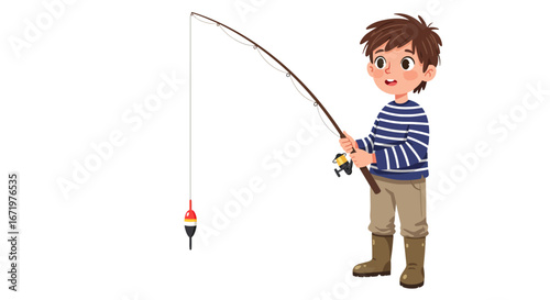 Cartoon boy in a striped sweater and boots holding a fishing rod with a bobber.