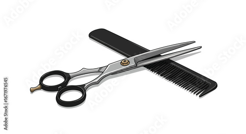 Stylized Hairdressing Tools: Scissors and Comb Illustration on White