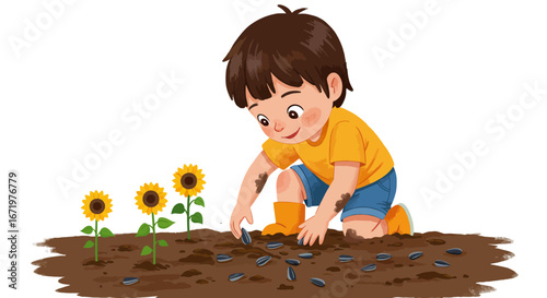 A cheerful cartoon boy with muddy knees and a yellow shirt planting sunflower seeds in the soil.