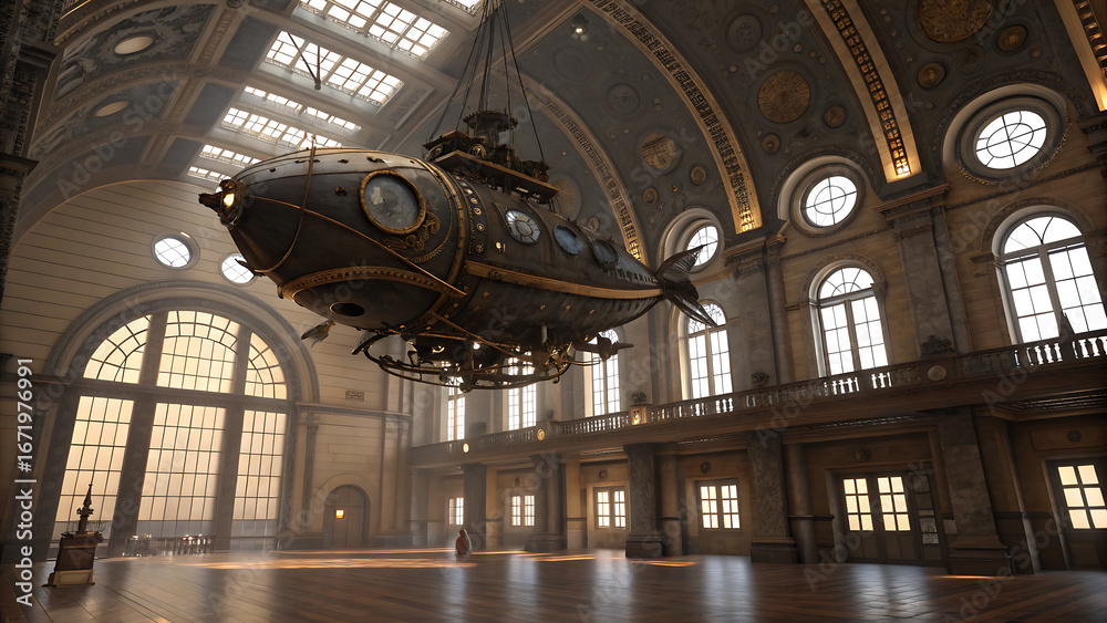 Obraz premium Steampunk airship suspended within grand victorian train station architecture