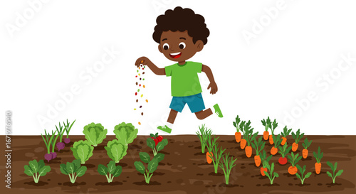 Child Planting Seeds in a Colorful Vegetable Garden