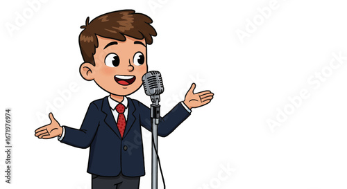 Expressive cartoon boy in a formal suit speaking into a vintage microphone.