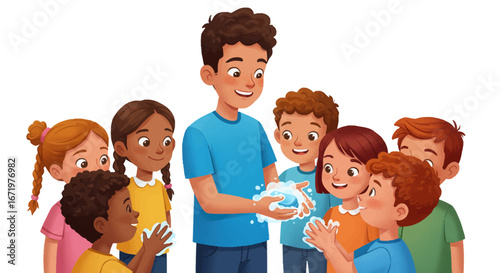 Diverse children learning proper handwashing techniques with soap and bubbles