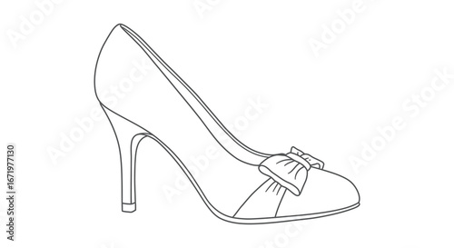 A line drawing of a high heeled shoe with a decorative bow