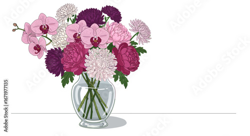 Vibrant illustrated bouquet of pink orchids, purple chrysanthemums, and peonies in a clear glass vase