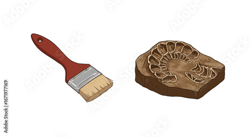 Detailed illustration of a fossilized ammonite and a paintbrush