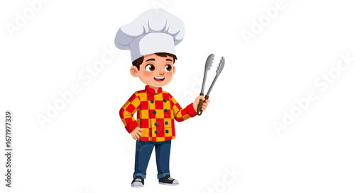 Happy cartoon child cook in a colorful checkered coat and toque holding metal tongs.