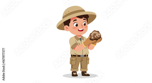Happy cartoon boy paleontologist in a safari hat and khaki uniform holding a dinosaur fossil.