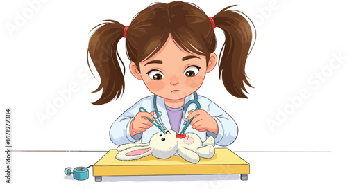 Focused cartoon girl doctor in white coat with pigtails operating on a stitched plush bunny