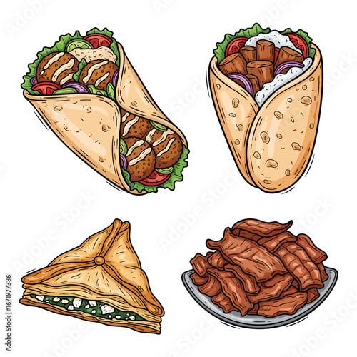 A colorful handdrawn illustration set of Mediterranean street food including falafel gyro wrap spanakopita and sliced meat.