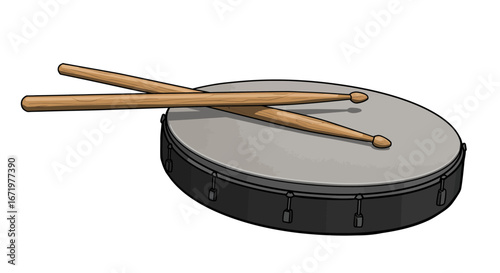 A pair of wooden drumsticks resting on a snare drum
