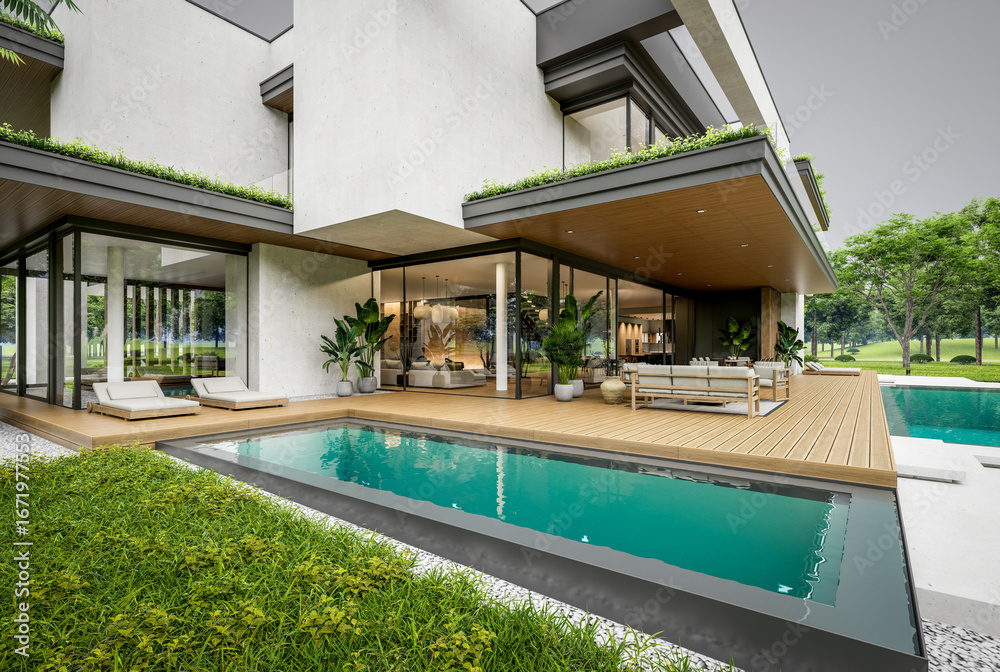 Fototapeta premium 3d rendering of two-story house with parking and pool for sale or rent with concrete facade and beautiful landscaping. Cloudy white sky overcast, soft shadows