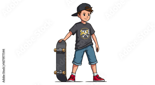 Cartoon Boy with Skateboard, Casual Style, Holding Board